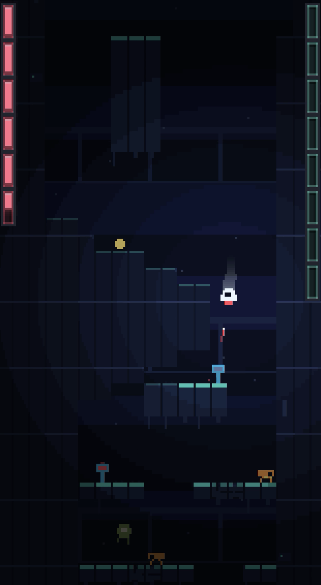 CARGO HOLD: the pod falls past cyan-lit ledges
