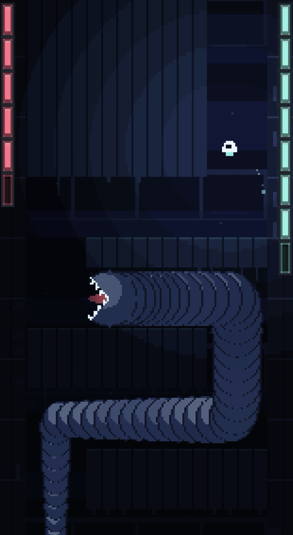 The worm coils through a corridor toward the pod